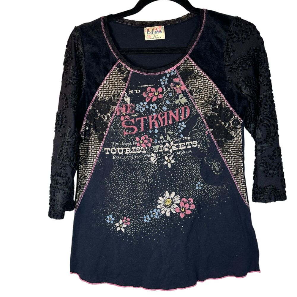 Edista Floral Lace Mixed Fabric Velvet Burnout Long Sleeve Graphic Blouse Large